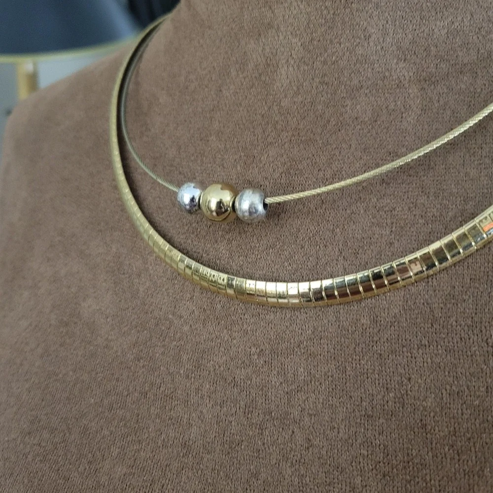 Vintage Gold Silver Two Strand Omega Bead Necklace 16